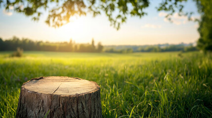 Rustic wooden stump in a vibrant green field with trees and sunset in the background, creating a peaceful and idyllic nature scene