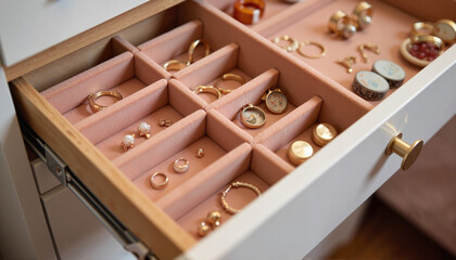 Jewelry organizer drawer with various rings, earrings, and accessories on soft pink background