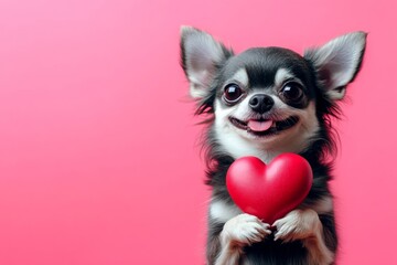 Chihuahua - my treasured dog. Cute chihuahua doggy with diamond red heart - emblem of love, funny greeting card. Digital ads concept art layout. Dog heartwarming poses. Dog couple photos.