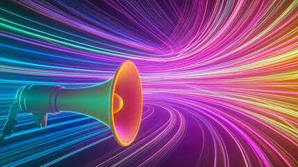 Colorful abstract background featuring a megaphone with vibrant light trails creating a dynamic atmosphere