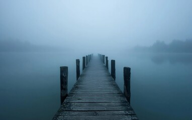 Fototapeta premium Fog envelops a quiet wooden pier extending into calm waters at dawn