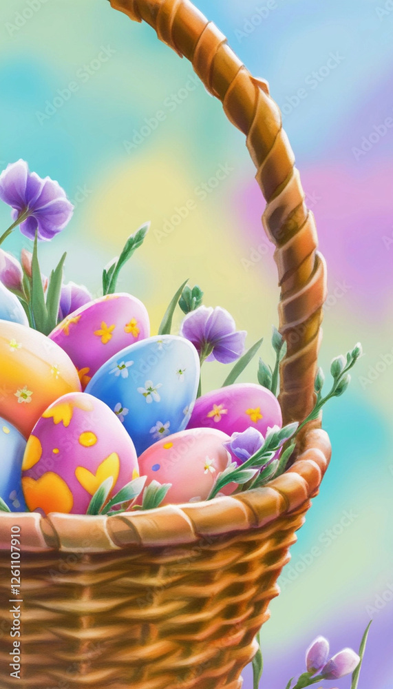 Wall mural Extreme close up of a vertical watercolor Easter basket, with soft pastel-painted eggs and delicate splashes of spring flowers, blending gently into the background.