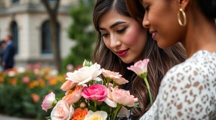 Fototapeta premium Two women admiring a bouquet of roses in a garden.