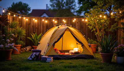 Cozy backyard camping setup with tent, books, and string lights in evening atmosphere