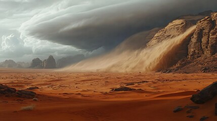 Desert sandstorm approaching rocky mountains