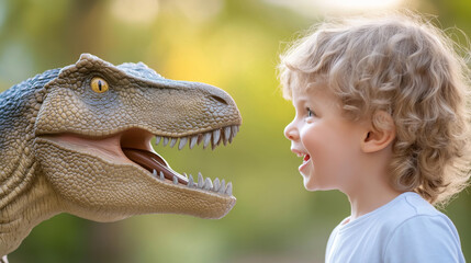 Fototapeta premium Happy child playing with a toy dinosaur outdoors, learning and having fun with prehistoric creatures