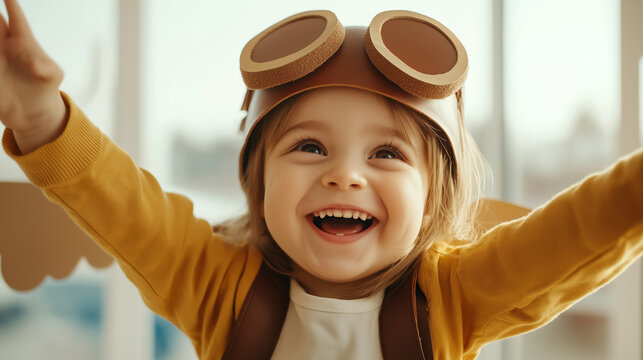 Playful kid wearing aviator cap, cardboard wings spread, soaring through imaginative world with pure childhood delight - Powered by Adobe