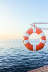 Naklejka premium macro shot of life preserver hanging on side of cruise ship illuminated by warm sunlight and clear skies