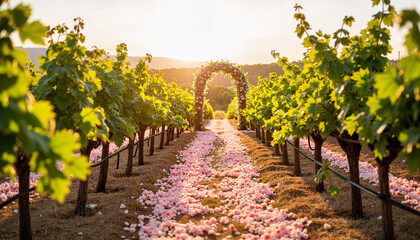 Obraz premium Beautiful vineyard wedding ceremony setup with floral path and archway under sunset