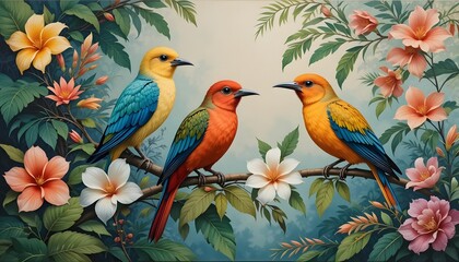 Fototapeta premium Birds flores painting design generative ai