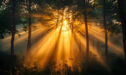 Sunlight filtering through trees in a foggy forest creates a golden scene of nature