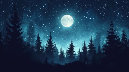 Naklejka premium Serene Night Forest Under Full Moon And Stars