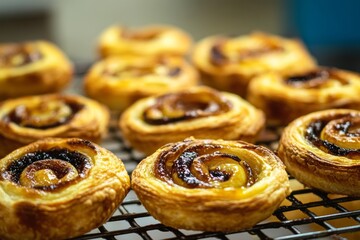 Fototapeta premium Golden-brown pastries are cooling on a wire rack after baking. The warm kitchen exudes delightful aromas, making it an inviting place for dessert lovers