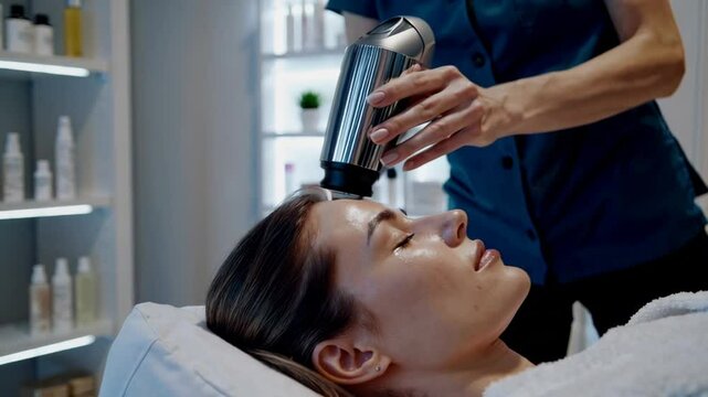 Beauty Procedure Using Hydrafacial Device for Facial Cleansing Hydration and Rejuvenation Close-up in a Modern Spa Setting