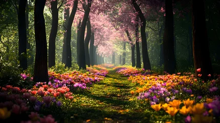 Gardinen Zauberwald Whimsical forest clearing surrounded by colorful blossoms for enchanting wedding photography  © LovelyArt