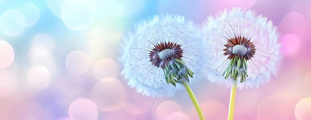 Obraz premium Two dandelions, pastel bokeh. Spring card
