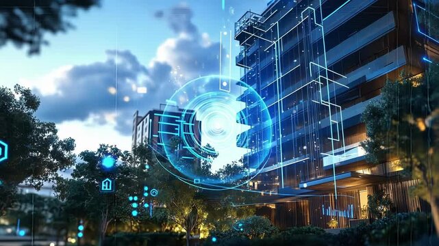 Futuristic city utilizing smart building technology showcasing energy consumption and efficiency data visualization. Promoting sustainable urban development and intelligent infrastructure management