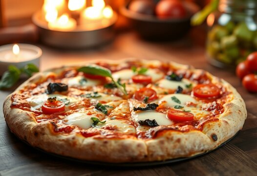 A partially cut pizza with a golden crust and melted mozzarella cheese, topped with fresh vegetables and herbs, on a wooden table.