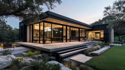 Fototapeta premium A large house with a large patio and a large lawn. The house is surrounded by a rock garden and has a lot of natural light coming in through the windows