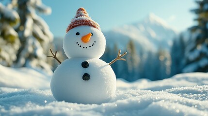 Fototapeta premium Happy Snowman In Snowy Winter Mountain Landscape