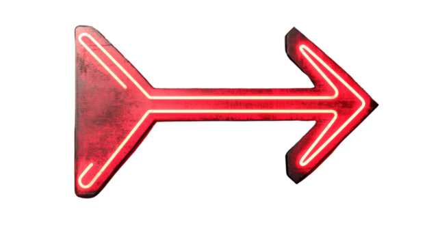 Red neon arrow sign pointing right on transparent background