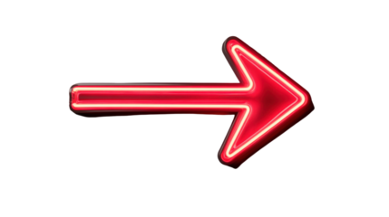 Red neon arrow sign pointing right on transparent background