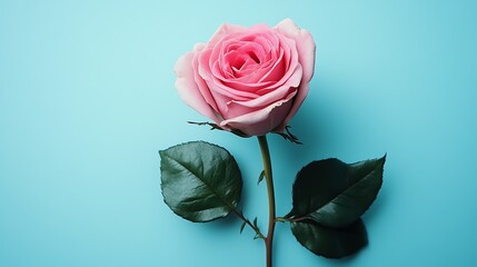 Fototapeta premium Pink rose, blue background, flower photography, romance, greeting card