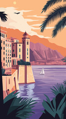 Obraz premium Monaco Scenic Coastline Vintage Poster with Architecture and Sailboat Minimalist Style