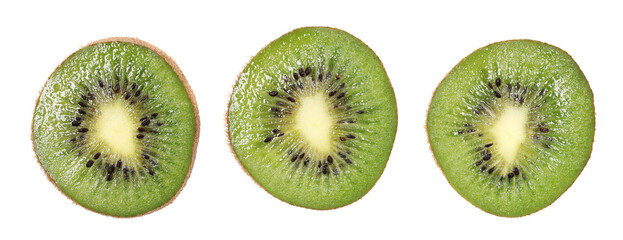 Fototapeta premium Set fresh kiwi fruit slice isolated on white, top view