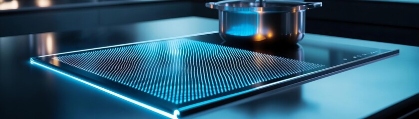 Graphene-enhanced cooking surface distributing heat evenly, futuristic kitchen technology