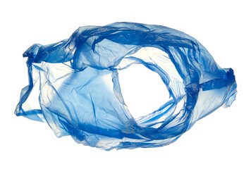  Blue crumpled empty nylon bag flying isolated on white, clipping path	