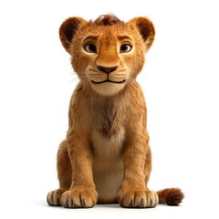 Obraz premium Cute lion cub sitting, white background, animation style, children's book illustration