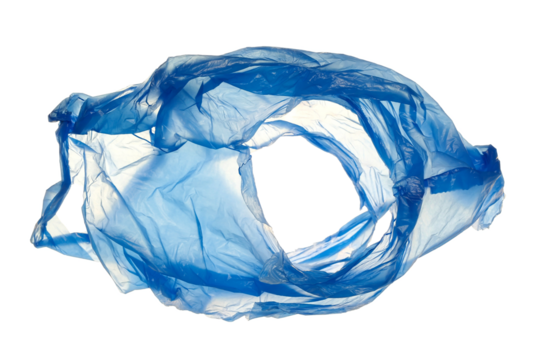  Blue crumpled empty nylon bag flying isolated on white, clipping path	