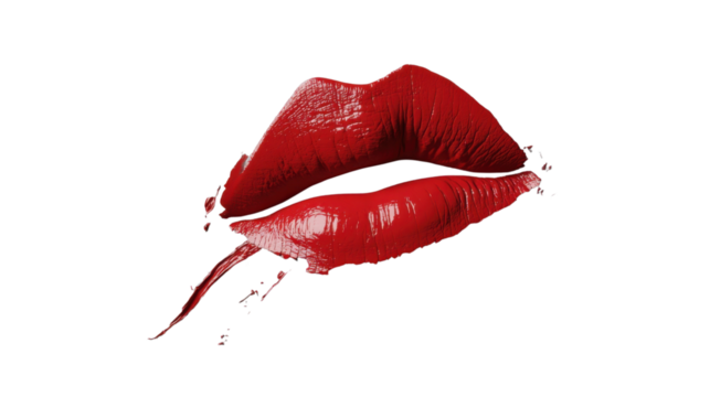 Red lips kissing leaving smudged lipstick mark with transparent background