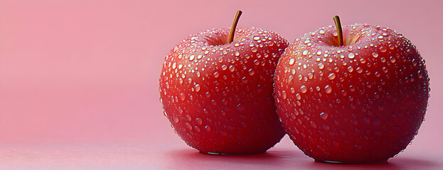 Two red apples, pink background, dew drops
