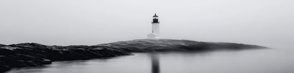 Lighthouse on Rocky Islet in Fog