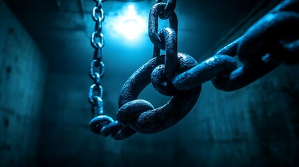 Rusty chains hang in dark, damp cellar; mystery, suspense, escape