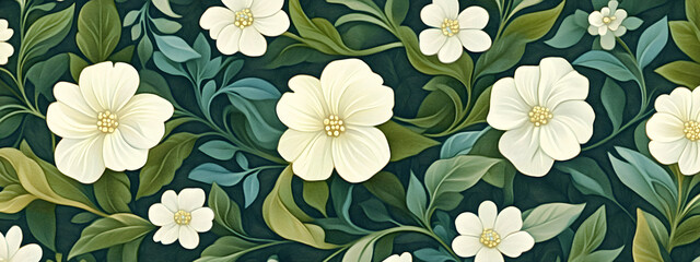 A seamless pattern of vintage floral motifs, with delicate white flowers and green leaves
