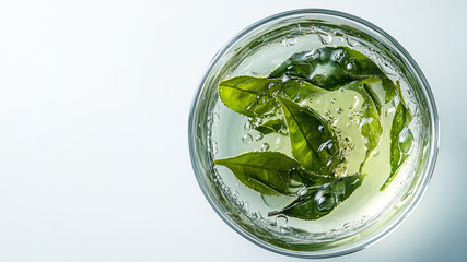Obraz premium Green tea leaves inside Petri dish with water drops representing natural skincare