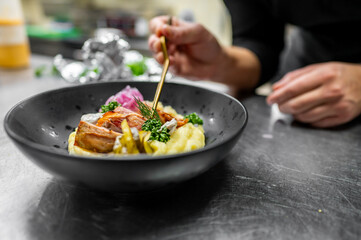 A chef delicately plating a gourmet dish in a stylish black bowl. The dish features tender meat, creamy mashed potatoes, and vibrant garnishes, showcasing creativity in culinary presentation.