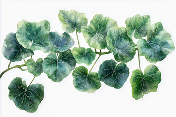 Watercolor pumpkin leaves. Stem of green pumpkin leaves on a white background.