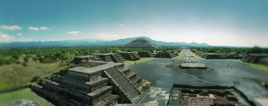Elevated view of Teotihuacan pyramids archaeological site in the Valley of Mexico, Mexico.