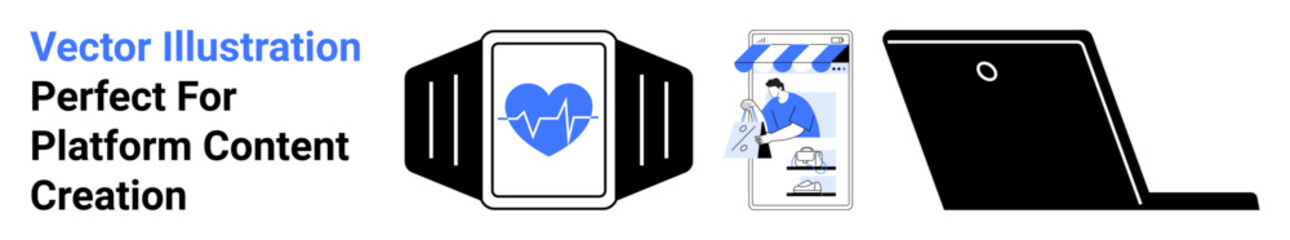 Smartwatch with heart monitor, smartphone for creative content, and open laptop enhance themes of tech, creativity, and online tools. Ideal for tech, health, design, productivity business apps