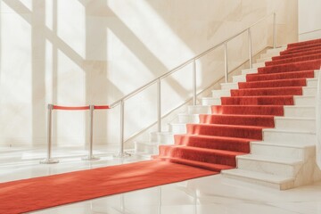 Elegant Red Carpet Leading up a Modern Staircase With Silver Stanchions and Dramatic Evening Lighting Invites a Grand Entrance