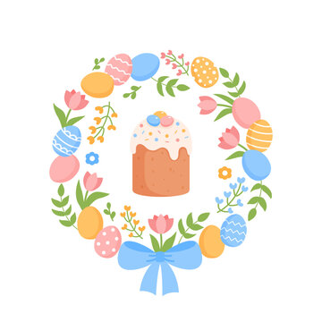 Floral easater wreath with Easter cake isolated on white background.