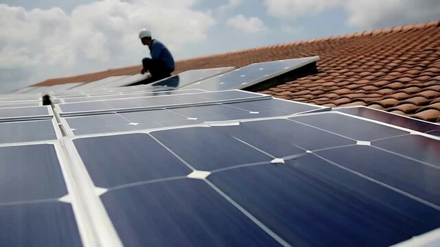 Video operario instalando paneles solares sobre tejado
