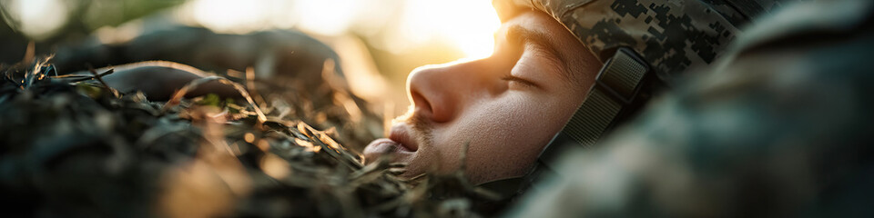 Fototapeta premium Close-up of a Sleeping Soldier in Camouflage Uniform and Helmet Amidst Foliage