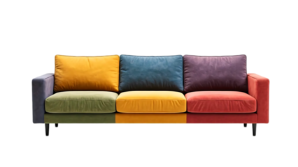 A colorful sofa with multiple fabric tones