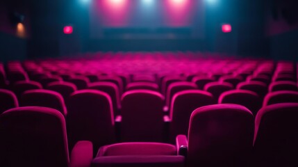 Empty crimson theater seats await audience.