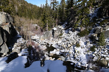 beautiful river and waterfall at Lake Tahoe in winter